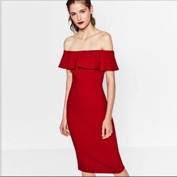 Zara Dresses & Skirts - Zara Off The Shoulder Sheath Midi Dress Medium Red Women’s‎ Ruffle
